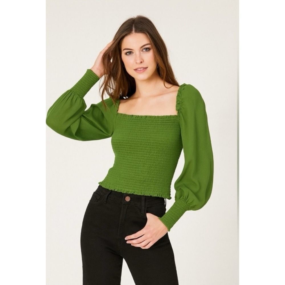 Reformation Green Smocked Square Neck Long Sleeve Top